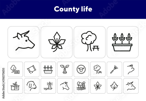 County life line icon set. Cow, pig, field, tree. Country concept. Can be used for topics like farming, village, agriculture