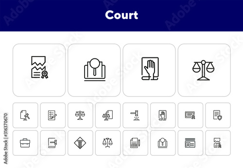 Court line icon set. Gavel, oath, scale. Law concept. Can be used for topics like courthouse, trial, crime