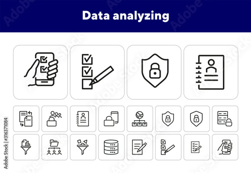 Data analyzing icons. Set of line icons. Copywriting, cylindrical database, data filter. Information analysis concept. Vector illustration can be used for topics like IT, security, computing