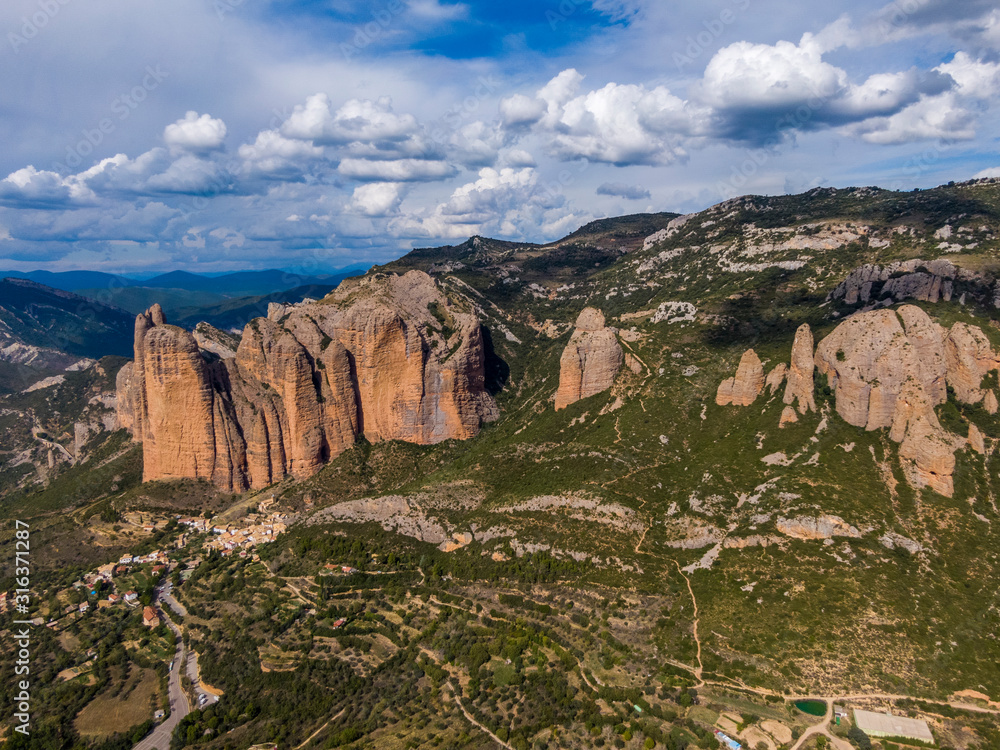 Aerial view of the Mallos de Riglos, a set of conglomerate rock formations in Spain