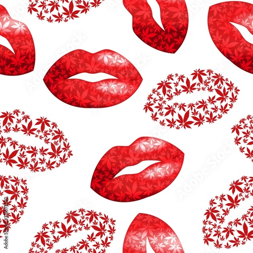Lips and marijuana leaves seamless vector pattern.Valentine's day vector background