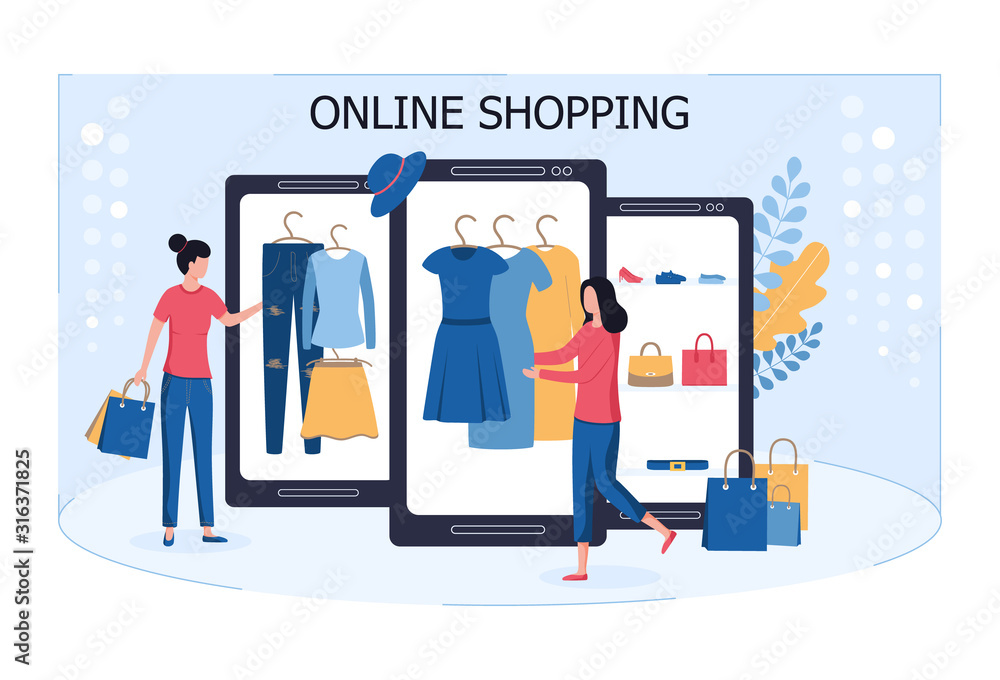 Online shopping on a smartphone. Two young women buy fashionable clothes, shoes and accessories in an online store via the Internet. Dresses, skirts, trousers. Flat vector illustration on white back