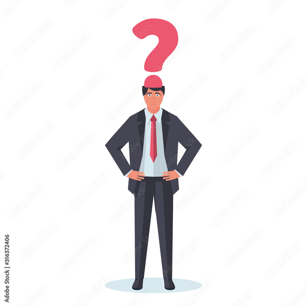 Businessman with question mark on the head. Human in front of whom the big problems and solution issues. Vector illustration flat design. Isolated on white background. Businessman with question mark on the head. Human in front of whom the big problems and solution issues. Vector illustration flat design. Isolated on white background.