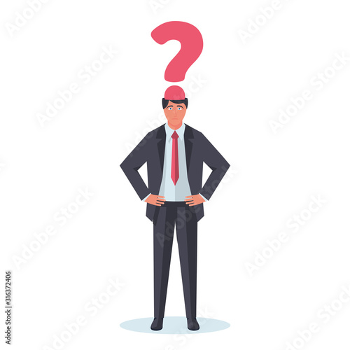 Businessman with question mark on the head. Human in front of whom the big problems and solution issues. Vector illustration flat design. Isolated on white background.