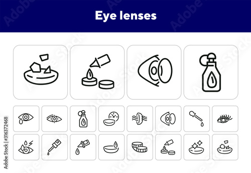 Eye lenses line icon set. Solution, container, eye drop. Eyes care concept. Can be used for topics like sight, vision, healthcare