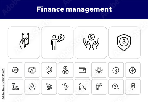 Finance management line icon set. Purse, earning, loan. Money concept. Can be used for topics like business, investment, saving, charity
