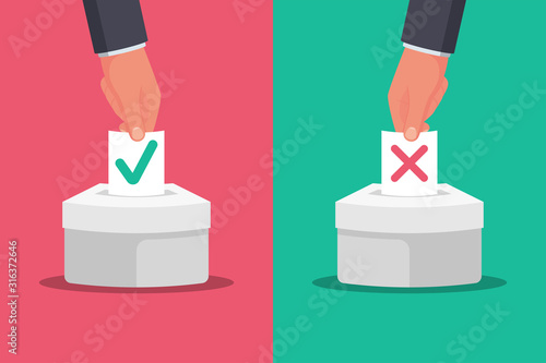 Voting concept. Vector illustration flat design style. Man hold in hand bulletin, puts in ballot box isolated. Casting election vote. Politics poll. Makes choice. Set of two options to choose from.