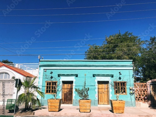 Traditional Mexican building/ light blue house/ La Paz Mexico street photography