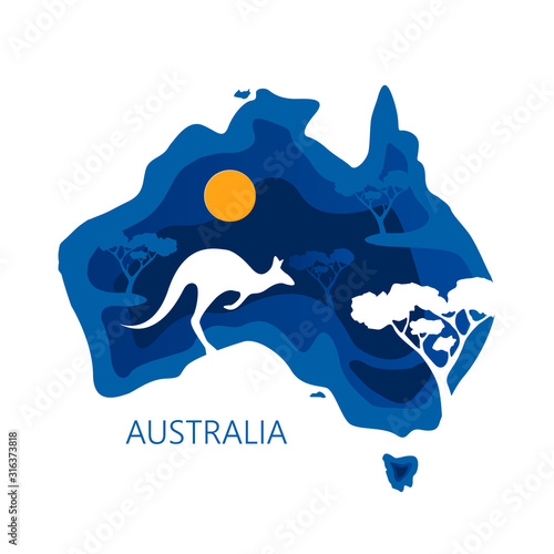 AUSTRALIA day 26 January. Decorative 3d paper cut map of Australia continent with kinguru silhouettes and trees. Vector illustration EPS 10