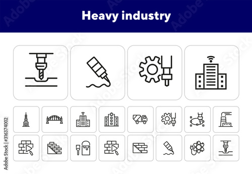 Heavy industry icons. Set of line icons. Atomic power, bricklaying, CHP plant. Industry concept. Vector illustration can be used for topics like business, construction, city planning, machinery