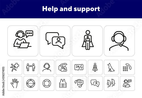 Help and support icons. Set of line icons. Call operator, sitting dog, urgent help. Help concept. Vector illustration can be used for topics like help, assistance