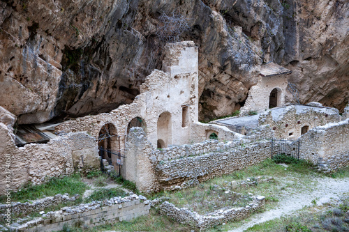 Fara San Martino, Majella National Park, Chieti, Abruzzo, Italy, Europe. Remains of the old Benedictine abbey in the Gorges of Fara San Martino. Abbey of San Martino in Valle