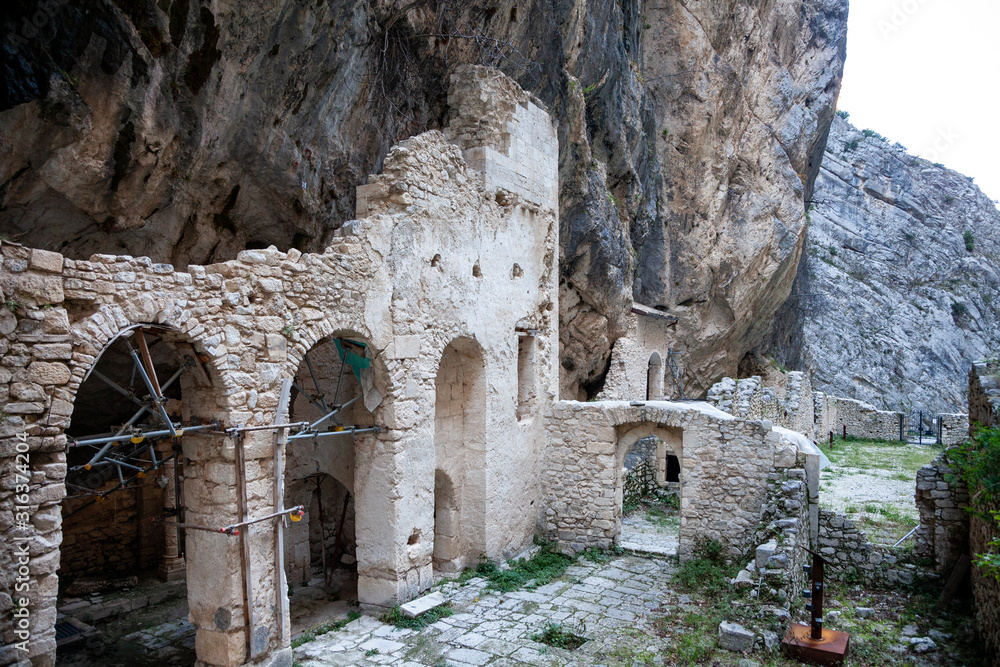 Fara San Martino, Majella National Park, Chieti, Abruzzo, Italy, Europe. Remains of the old Benedictine abbey in the Gorges of Fara San Martino. Abbey of San Martino in Valle