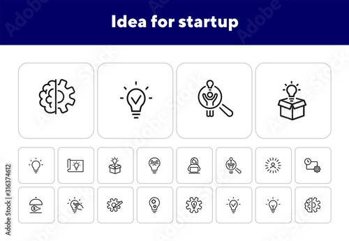Idea for startup line icon set. Shining bulb, lightbulb, gear, entrepreneur. Business concept. Can be used for topics like genius, innovation, new project