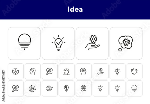 Idea line icon set. Bulb, gear, brain work. Processing concept. Can be used for topics like intelligence, business, startup