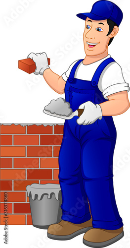 Man building brick wall. Construction worker in a uniform