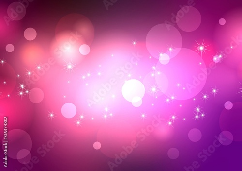 Bokeh festive purple empty background. Glitter and sparkles pattern. Holiday magic abstract defocused template.