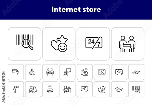 Internet store line icon set. Bar code, courier, like. Online shopping concept. Can be used for topics like customer feedback, delivery, rating
