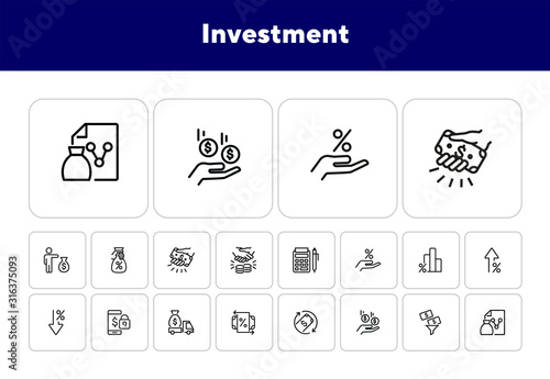 Investment line icon set. Encashment car, income, graph. Money concept. Can be used for topics like finance management, profit, banking