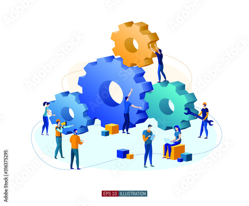 Trendy flat illustration. Office workers planing business mechanism, analyze business strategy and exchange ideas. Gear wheels. Teamwork concept. Template for your design works. Vector graphics.