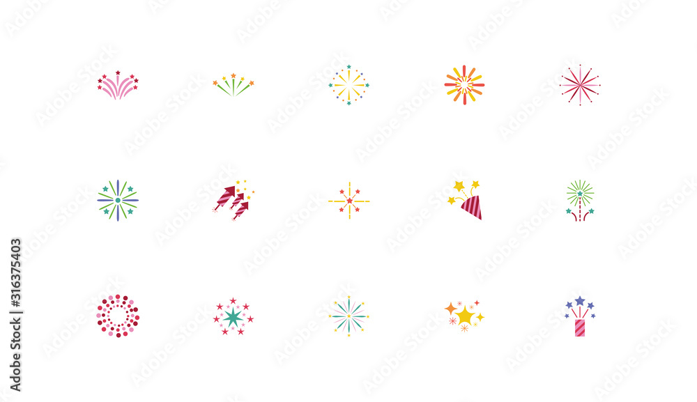 bundle of fireworks explosion splash set icons