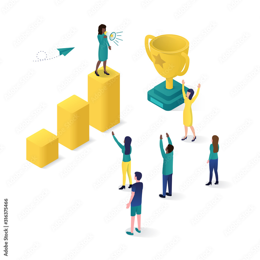 Flat design 3d isometric public speaking with loudspeaker talking to crowd.perfect for website illustration or apps. Megaphone alert promotion vector graphic template.