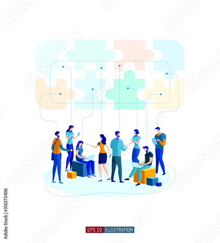 Trendy flat illustration. Office workers planing business mechanism, analyze business strategy and exchange ideas. Puzzle pieces. Teamwork concept. Template for your design works. Vector graphics.