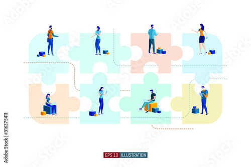 Trendy flat illustration. Office workers planing business mechanism, analyze business strategy and exchange ideas. Puzzle pieces. Teamwork concept. Template for your design works. Vector graphics.