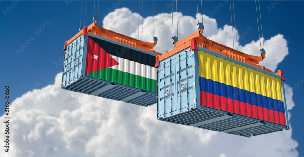 Freight container with Jordan and Colombia flag. 3D Rendering