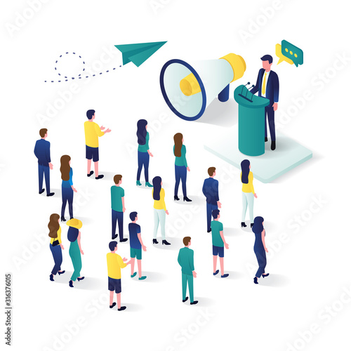 Flat design 3d isometric public speaking with loudspeaker talking to crowd.perfect for website illustration or apps. Megaphone alert promotion vector graphic template.
