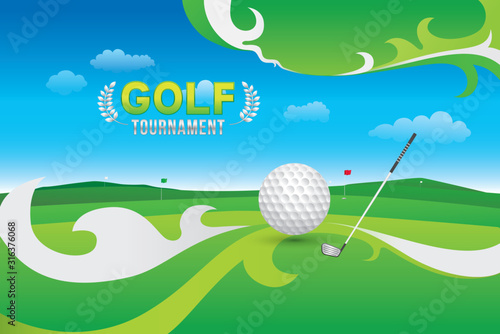 Vector of golf tournament with green field background. Sport concept