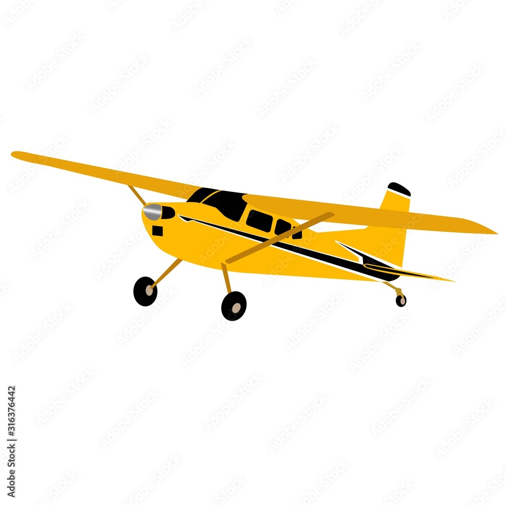 Yellow plane on a white background. Private upper wing passenger plane.