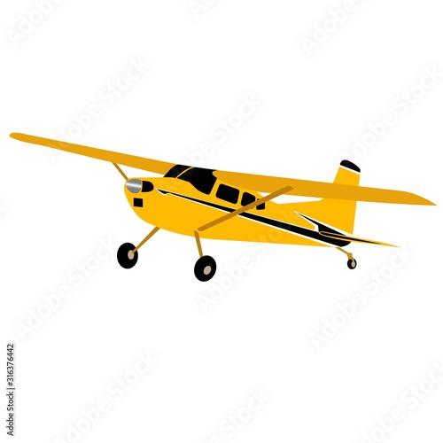 Yellow plane on a white background. Private upper wing passenger plane.