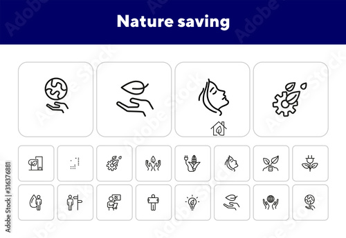 Nature saving line icon set. Set of line icons on white background. Ecology concept. Leaf, person, battery, energy. Vector illustration can be used for topics like environment, ecology