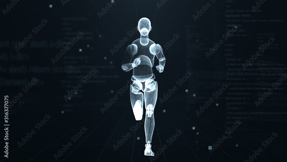 Human puppet running on virtual 3d digital space with futuristic white hud. X-ray scan. Front view. Human puppet running on virtual 3d digital space with futuristic white hud. X-ray scan. Front view.