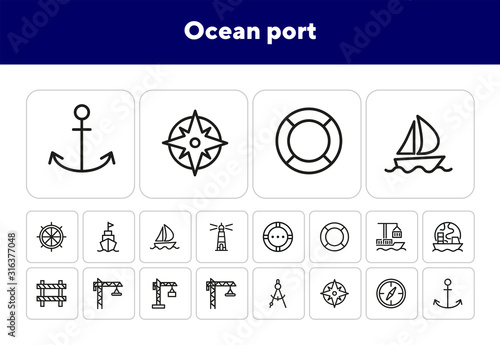 Ocean port icons. Set of line icons. Anchor, compass, cruise. Nautics concept. Vector illustration can be used for topics like seamanship, nautics