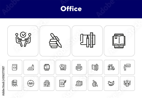 Office line icon set. Printer, presentation, supply. Business concept. Can be used for topics like office equipment, job, personnel management