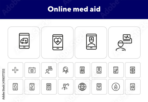 Online med aid icon set. Line icons collection on white background. Smartphone, doctor, gadget. Telemedicine concept. Can be used for topics like interface, healthcare service, medicine