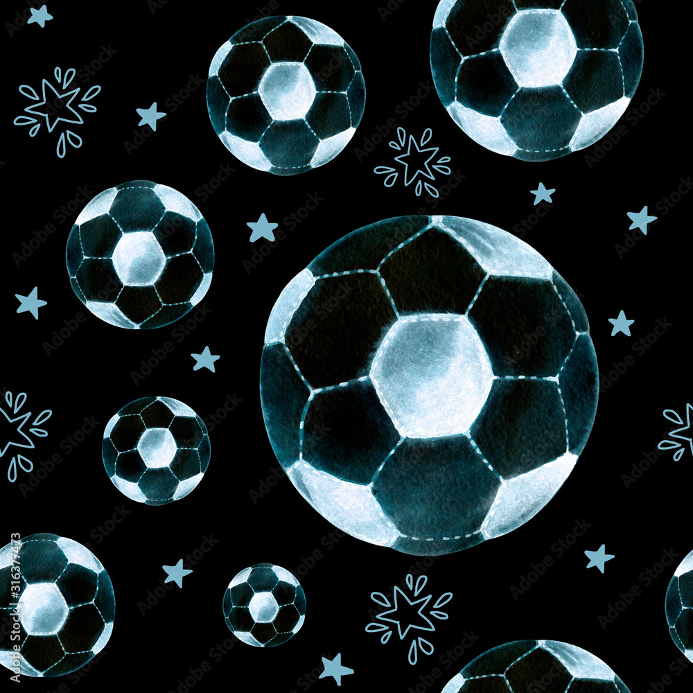 Seamless pattern with flying soccer balls and stars isolated on black background. Hand drawn watercolor illustration for the design of a sports concept, packaging, wrapper, fabric, wallpaper, wall.