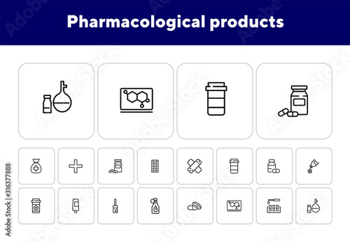 Pharmacological products icon set. Drugstore concept. Vector illustration can be used for topics like apothecary, pharmaceuticals, medicine