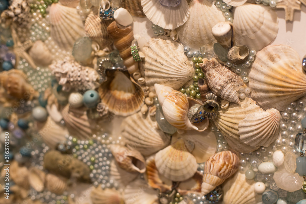 Fototapeta premium decorations made from different shape and color seashells.