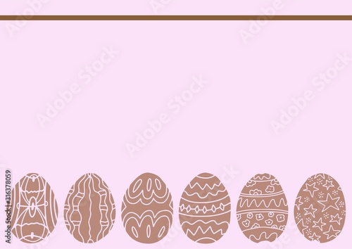 Pastel pink easter background with paschal ornamental eggs. Copy space. Place for text.