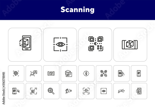 Scanning line icon set. Barcode, eye, face, QR. Technology concept. Can be used for topics like equipment, identification, recognition