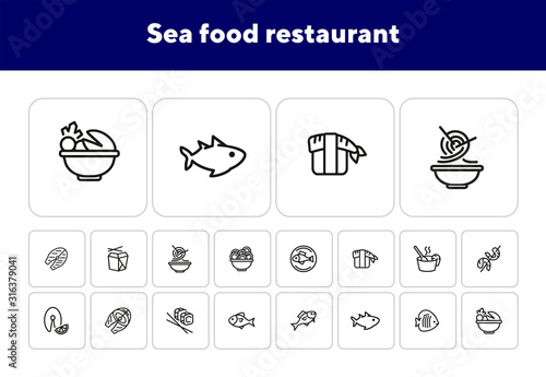 Sea food restaurant line icon set. Fish, rice, shrimp. Food concept. Vector illustration can be used for topics like food product, supermarket, restaurant