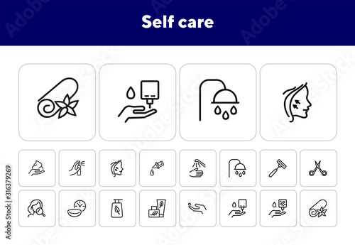 Self care line icon set. Shower, scissors, cream. Beauty care concept. Can be used for topics like hygiene, spa salon, daily routine