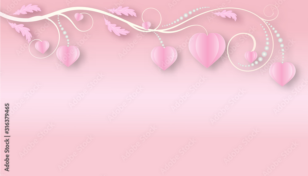 Valentine's day concept with pink paper hearts hanging on floral tree branch, Paper cut style, Vector symbols of love, soft pink gradient background Valentine's day concept with pink paper hearts hanging on floral tree branch, Paper cut style, Vector symbols of love, soft pink gradient background
