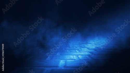 Empty background scene. Spotlight light reflection on asphalt. Rays of neon light in the dark, neon shapes, smoke. Background of an empty stage show. Abstract blue dark background. © Laura Сrazy
