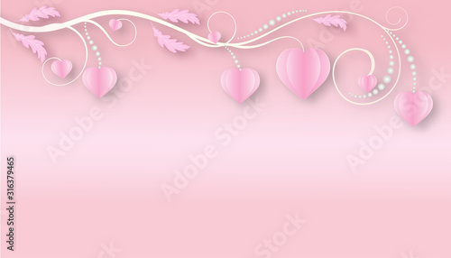 Valentine's day concept with pink paper hearts hanging on floral tree branch, Paper cut style, Vector symbols of love, soft pink gradient background