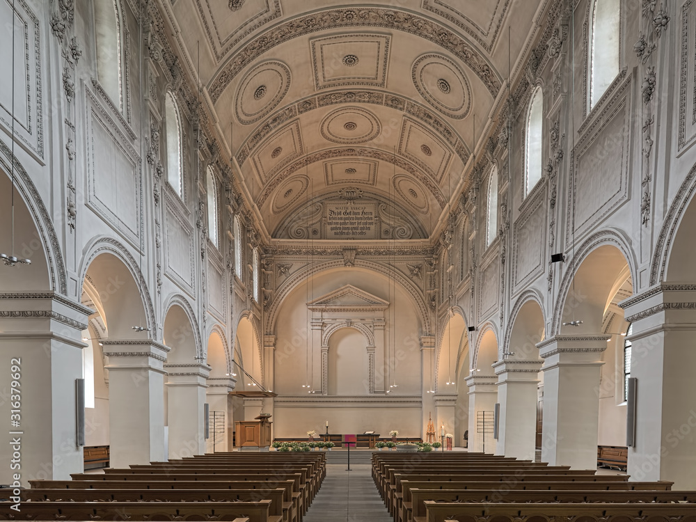 Zurich, Switzerland. Interior of Predigerkirche (Preacher church). The first church at this place was built in 1231. The present early Baroque appearance of the interior is from 1609-1614.