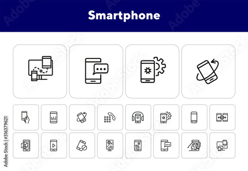 Smartphone line icon set. Settings, navigation, multimedia content. Mobile technology concept. Can be used for topics like app design, phone features